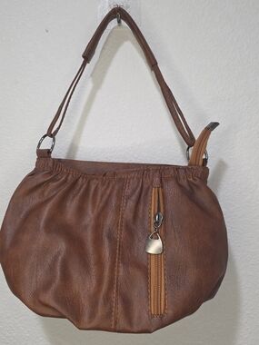 Women's Tan Shoulder Bag with Front Zip Accent
